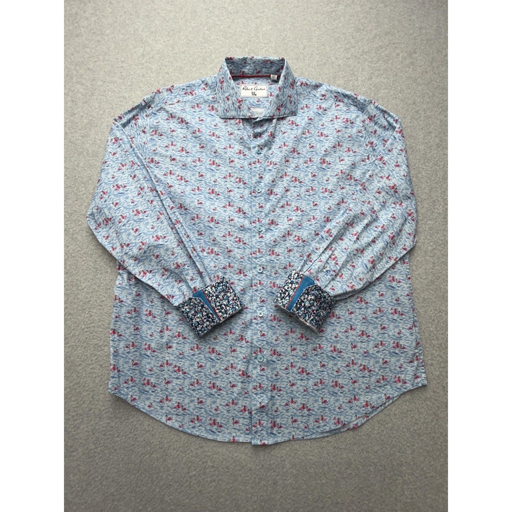 Robert Graham Shirt Mens 2XL Blue Flamingo Print Stretch Long Sleeve Button Up